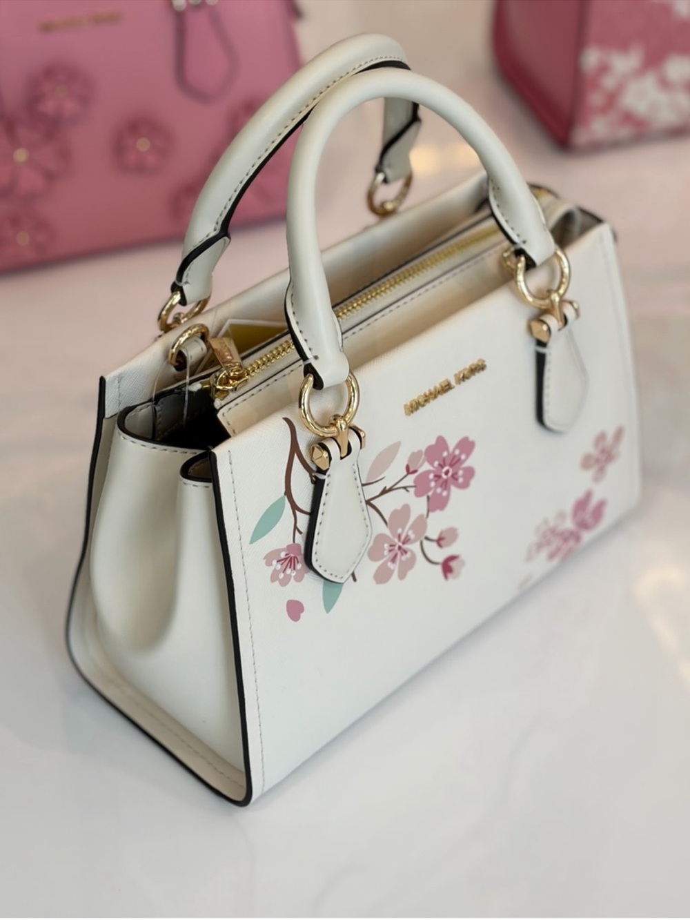 Michael Kors White Floral Leather Satchel Crossbody with Pink Accents - Picture 3 of 7